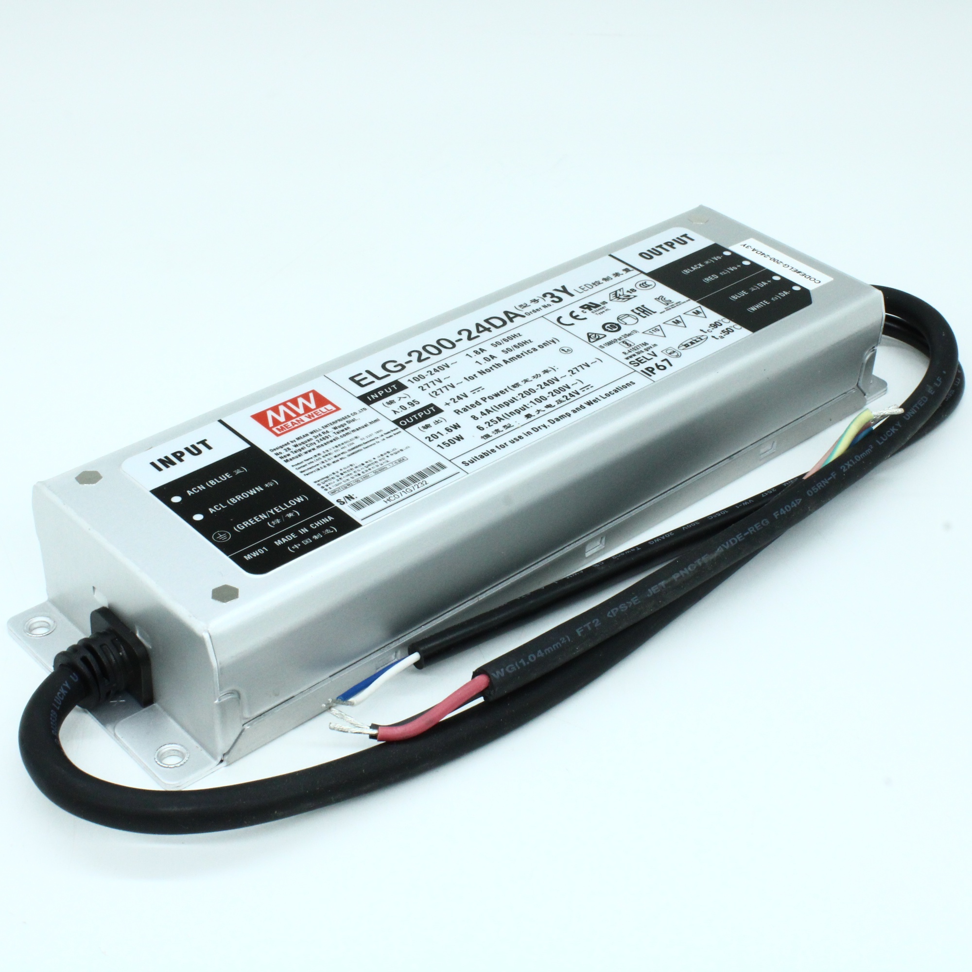 ELG-200-24DA-3Y - AC-DC, 201.6Вт, IP67, вход 100…305В AC, 47…63Гц/142…431В DC, ККМ, выход 12...24В/8.4А, изоляция 3750В AC, в кожухе 244х71х37.5мм, -40…+85°С (корпус), DALI димминг, с проводом заземления