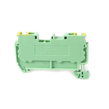 Заземляющая клемма JUT14-2.5PE - Заземляющая клемма, тип фиксации провода: пружинный, номинальное сечение: 2,5 мм кв., 800V, ширина: 5,2 мм, цвет: желто-зеленый, тип монтажа: DIN35