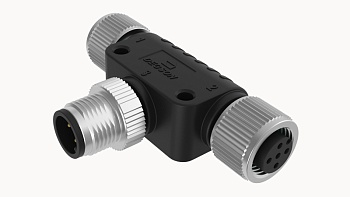 Распред. устройство FT-M12A-04M-M12A-04F-Q-0200 - Распределительное устройство, T-образное, 4 полюса, 1 вход (вилка) / 2 выхода (розетка), M12, A-Code, 4A, 250V, пластик