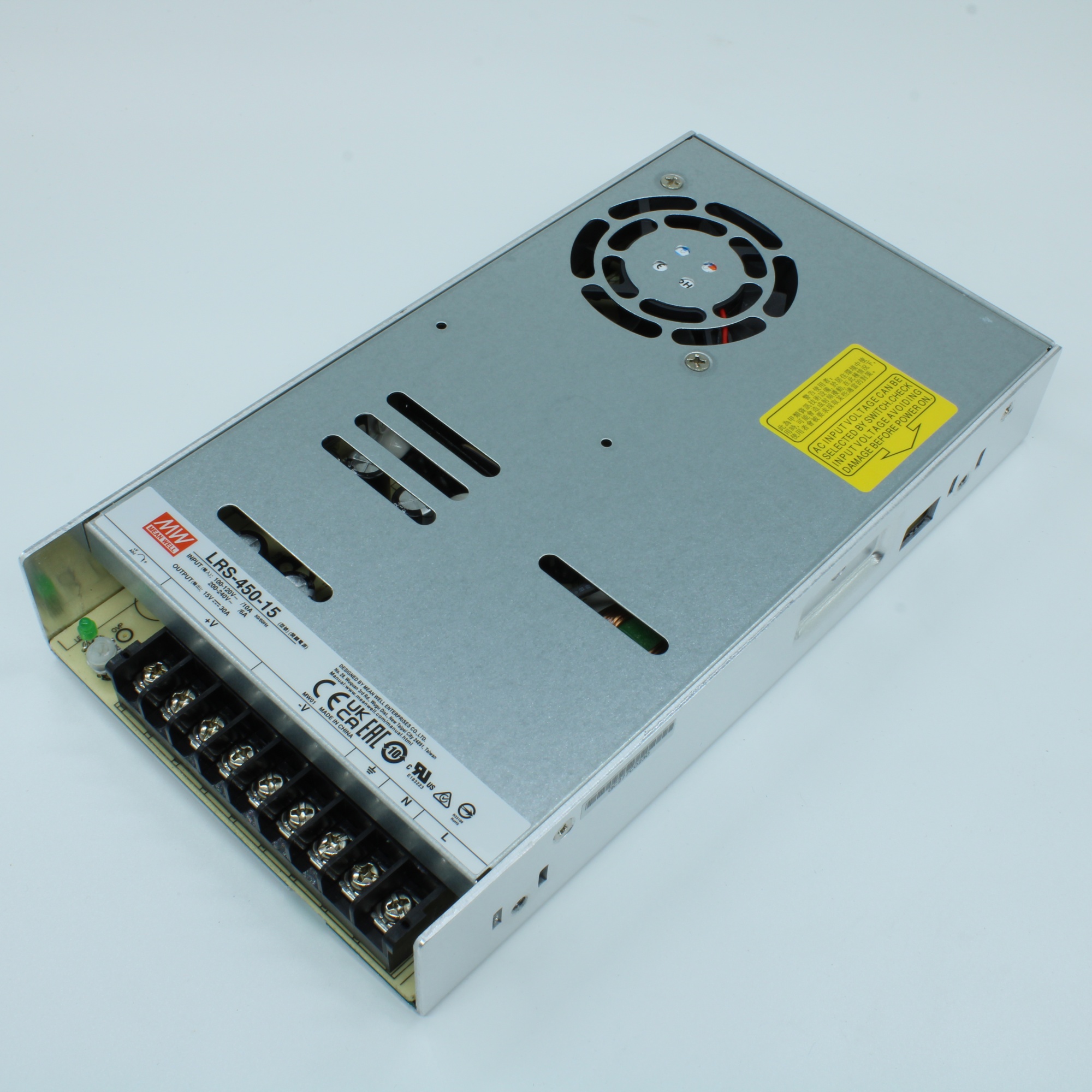 LRS-450-15 - AC-DC, 450Вт, вход 90…264В AC (переключатель), 47…63Гц, выход 15В/30A, рег.вых=14.25…16.5В, изоляция 3000В AC, в кожухе 225х124х35мм, -25…+70°С