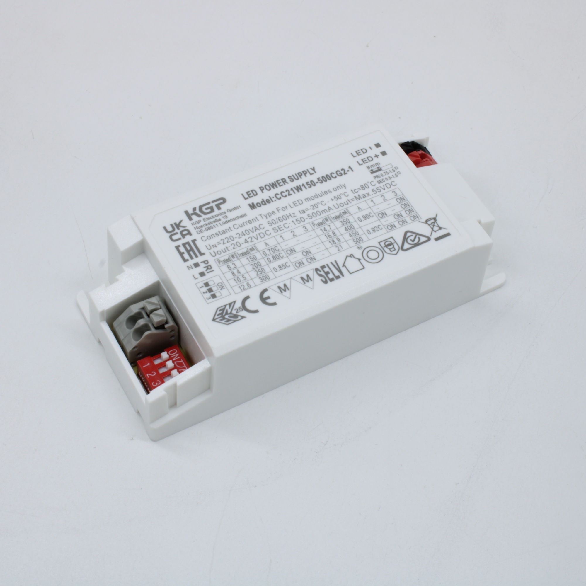 CC21W150-500CG2-1 - AC-DC, 21Вт, стабилизатор тока, вход 198-264 В AC/220-280В DC 50/60Гц, выход 150…500мA/20…42В, ККМ,  пластиковый корпус 97,8х44х25,5мм (137,6х44х25,5 с защитными крышками), -20…+50°С, IP20