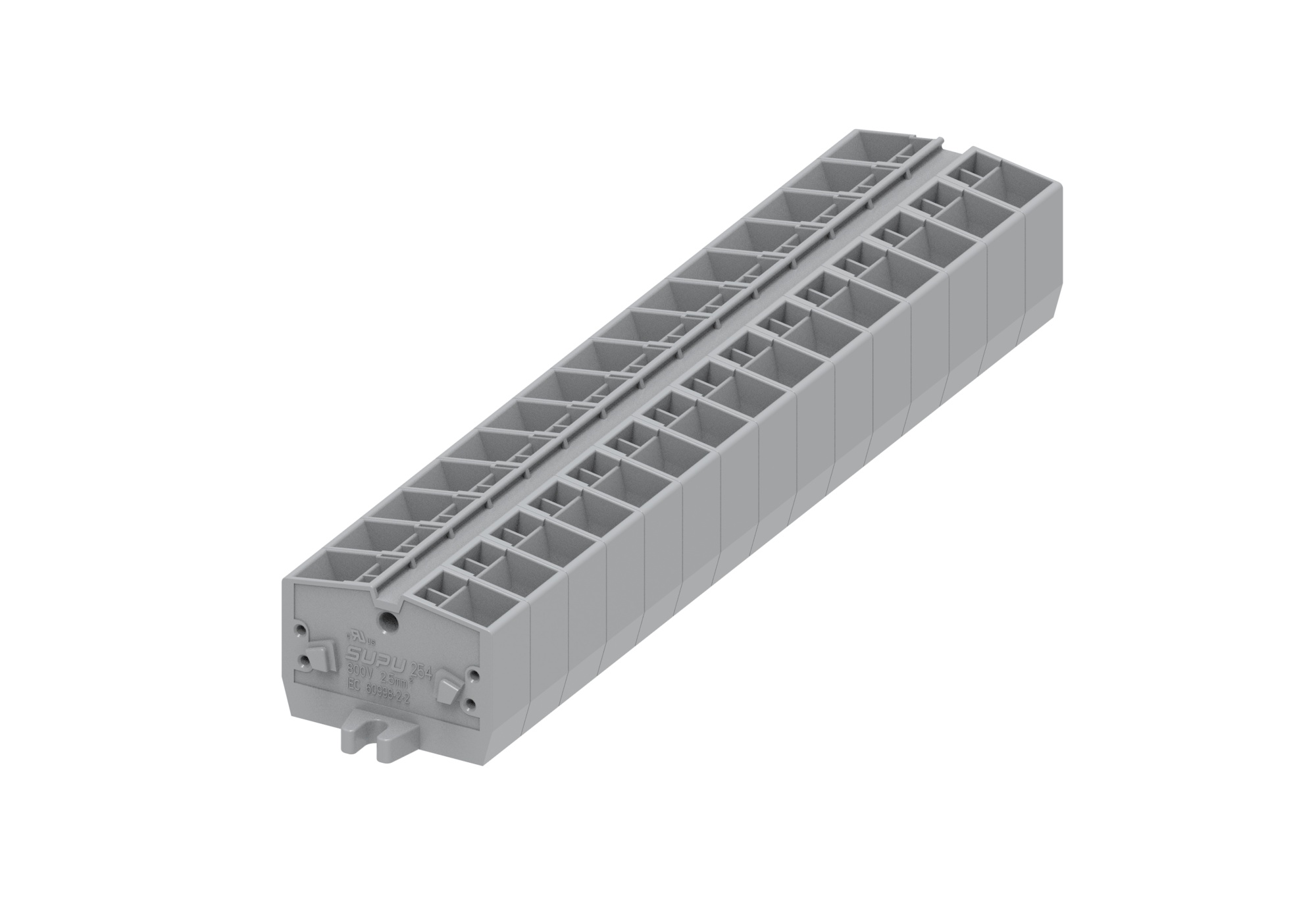 Клемма мини 254331 - Мини клемма, верхний подвод кабеля, 4 точки подключения в клемме, тип фиксации провода: пружинный, номинальное сечение: 2,5 мм кв., 24A, 800V, цвет: серый, тип монтажа: монтажные фланцы