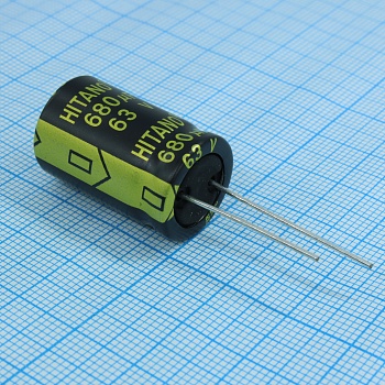 EXR681M63B - Конденсатор алюминиевый электролитический 680мкФ 63В ±20% (16 X 26мм) радиальный 7.5мм 0.043Ом 1950мА 5000час 105°С россыпь