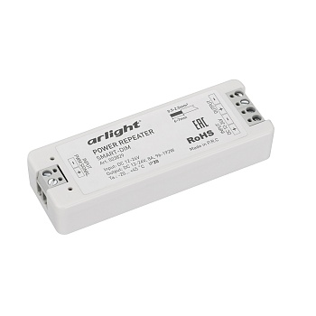 Усилитель SMART-DIM (12-24V, 1x8A) 023829 - Одноканальный усилитель для диммеров (12-24VDC). Питание 12-24VDC. 1 канал, ток нагрузки 1x8A, мощность нагрузки 96-192W. Размер 97x33x18 мм.