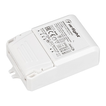 Блок питания ARJ-SP-12-PFC-DALI2-A (12W, 3-24V, 0.35-0.7A) 033809 - Диммируемый токовый блок питания с управлением DALI 2.0 и функцией Push Dim с гальванической развязкой. Питание 220-240AC. Выход 3-24V - ток 350/500 mA, выход 3-22V - 550 mA, выход 3-17V 