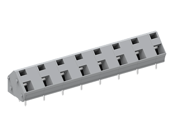 Розеточный разъем на плату 256908 - Клемма, подвод кабеля 45 град., на плату, шаг: 10.0 мм, 8 полюсов, фиксация провода пружинная, исполнение: два вывода на контакт, 1000V, 24A, цвет: серый
