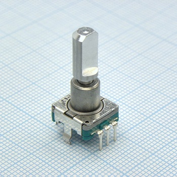 EC11E09244AQ - Энкодер EC11, 18 щелчков, 9 импульсов, металлический вал с лыской 20мм, с кнопкой, длина хода кнопки 1,5мм, вертикальный